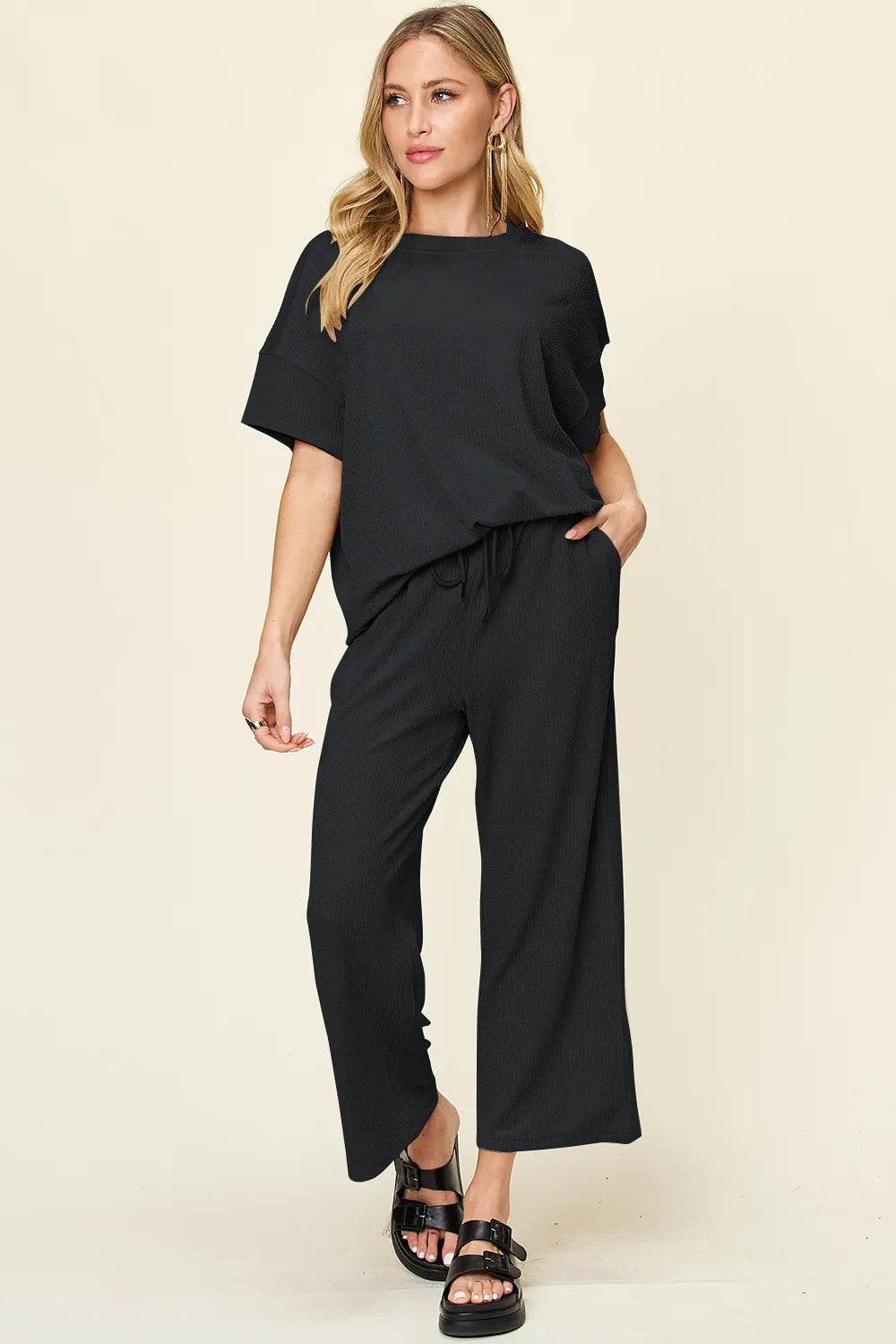 Double Take Full Size Texture Round Neck Short Sleeve T-Shirt and Wide Leg Pants - Tredona LLC