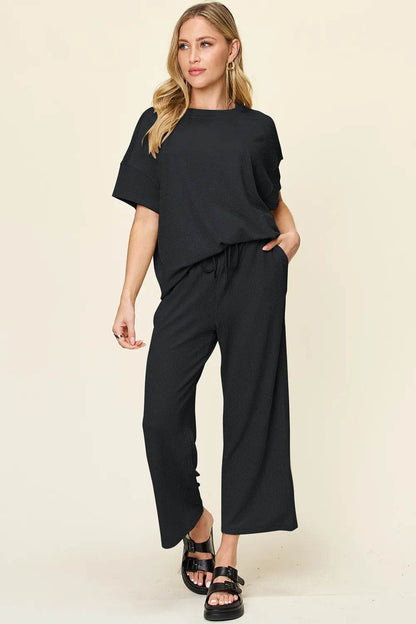 Double Take Full Size Texture Round Neck Short Sleeve T-Shirt and Wide Leg Pants - Tredona LLC