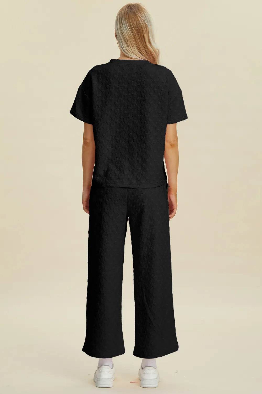 Double Take Full Size Texture Round Neck Short Sleeve Top and Pants Set - Tredona LLC
