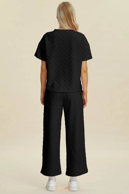 Double Take Full Size Texture Round Neck Short Sleeve Top and Pants Set - Tredona LLC