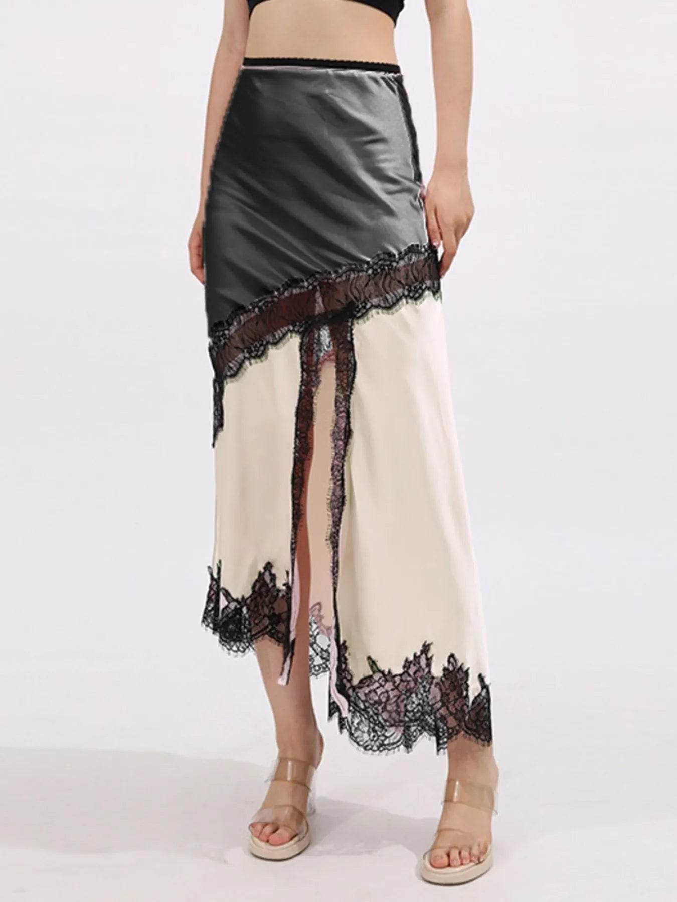 Lace Trim Asymmetrical Midi Skirt - Tredona LLC