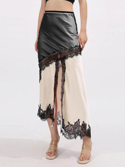 Lace Trim Asymmetrical Midi Skirt - Tredona LLC