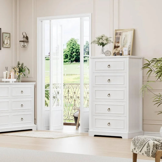 HOSTACK 5 Drawers Dresser for Bedroom, 44 Tall White Dresser with 5 Drawers, White Chest of Drawers with Storage, Modern Farmhou