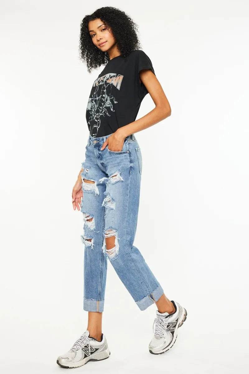 Kancan Mid Rise Distressed Boyfriend Fit Jeans - Tredona LLC