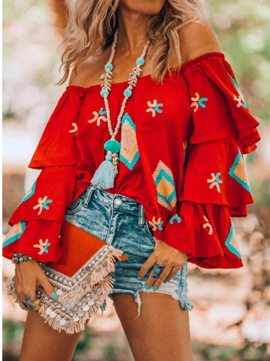 Full Size Off-Shoulder Layered Sleeve Blouse Plus Size - Tredona LLC