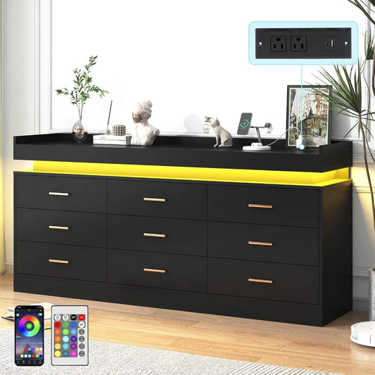 Modern LED-lit 9-Drawer Dresser with Built-in Charging Station and Power Outlet for Bedroom Organization