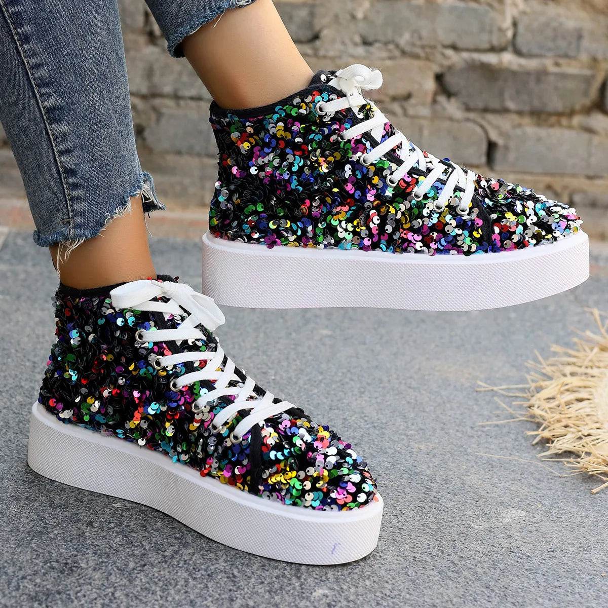 Sequin Round Toe Platform Sneakers - Tredona LLC
