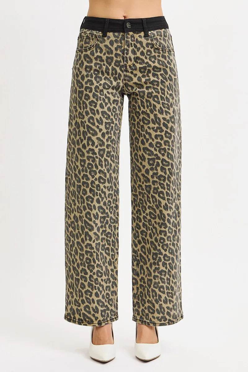 RISEN High Rise Wide Leg Leopard Printed Jeans with Contrast Waist Band Detail - Tredona LLC