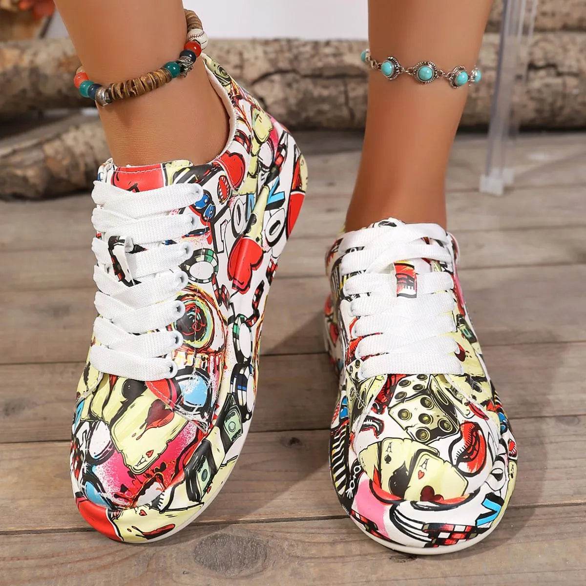 Abstract Print Lace Up Sneakers - Tredona LLC