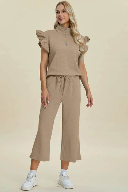 Double Take Full Size Texture Ruffle Short Sleeve Top and Wide Leg Pants Set - Tredona LLC
