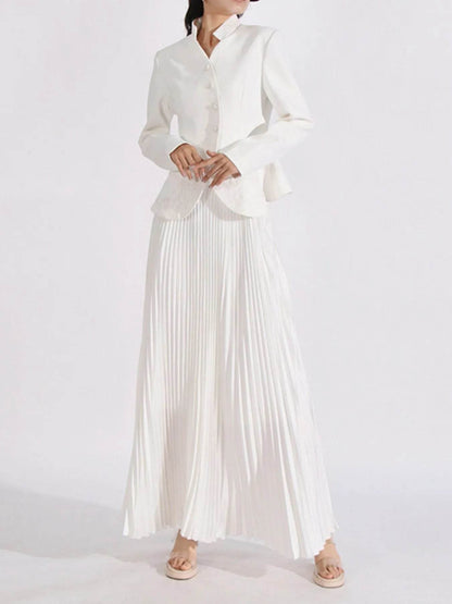 Button Up Long Sleeve Top and Pleated Skirt Set - Tredona LLC