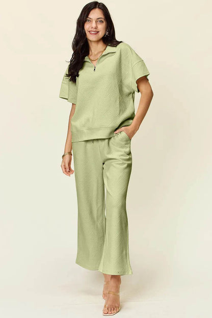 Double Take Full Size Texture Half Zip Short Sleeve Top and Pants Set - Tredona LLC
