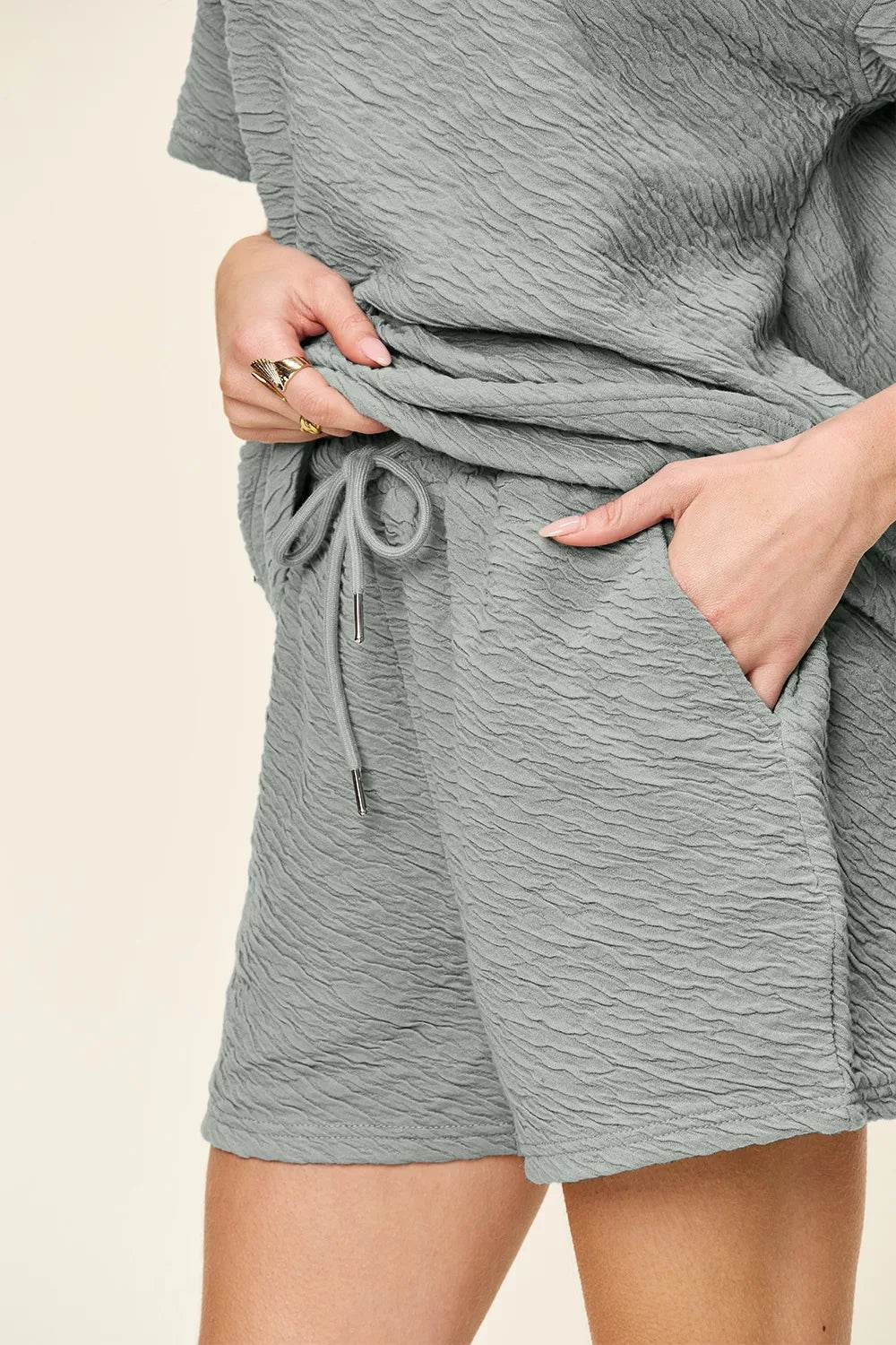 Double Take Full Size Texture Short Sleeve T-Shirt and Drawstring Shorts Set - Tredona LLC