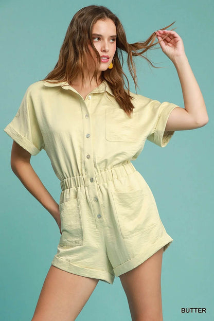 Umgee Button Down Charmeuse Romper - Tredona LLC