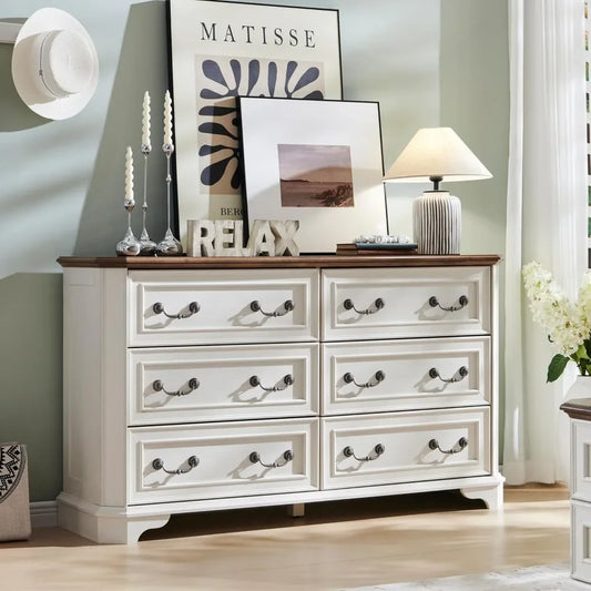 T4TREAM Farmhouse 6 Drawers Dresser for Bedroom, 54 Wide Wood Rustic Chest of Drawers with Natural Texture, Vintage Design, Stor