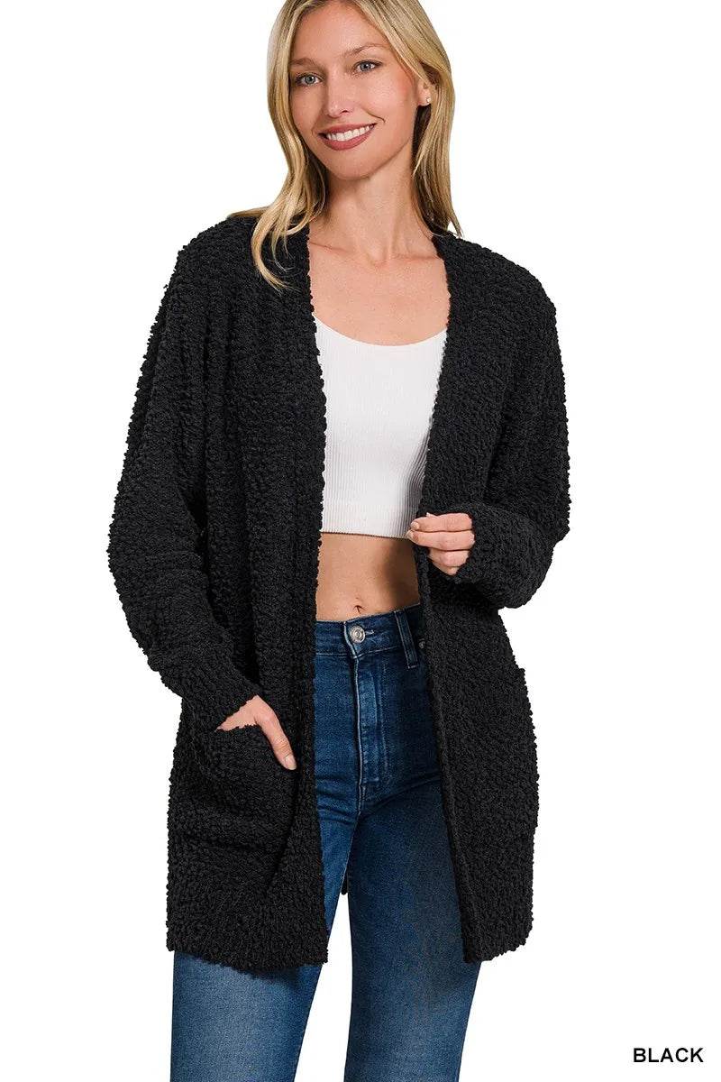 Zenana Long Sleeve Popcorn Sweater Cardigan with Pockets - Tredona LLC