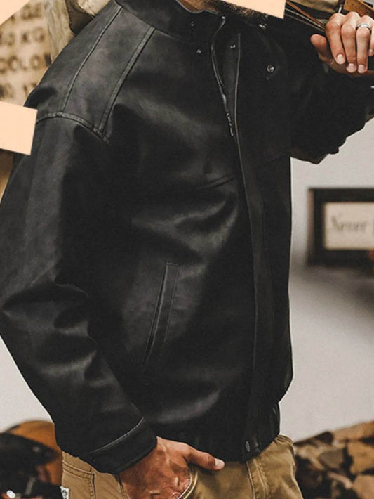 Men's Plus Size Zip Up Stand Collar Biker Jacket - Tredona LLC