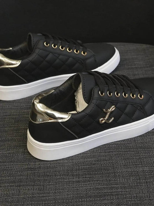 Quilted Platform Sneakers with Metallic Gold Accents - Tredona LLC