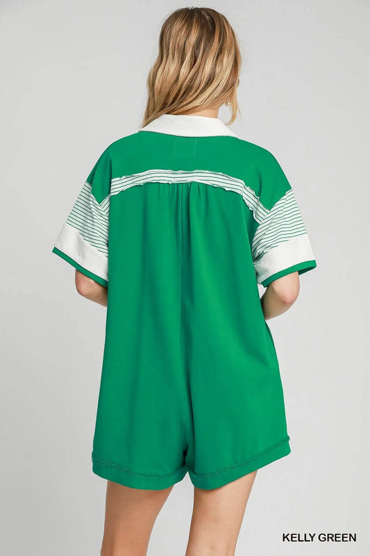 Umgee French Terry Collared Colorblock Romper - Tredona LLC