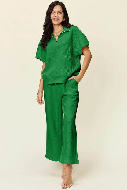 Double Take Full Size Texture Half Zip Short Sleeve Top and Pants Set - Tredona LLC