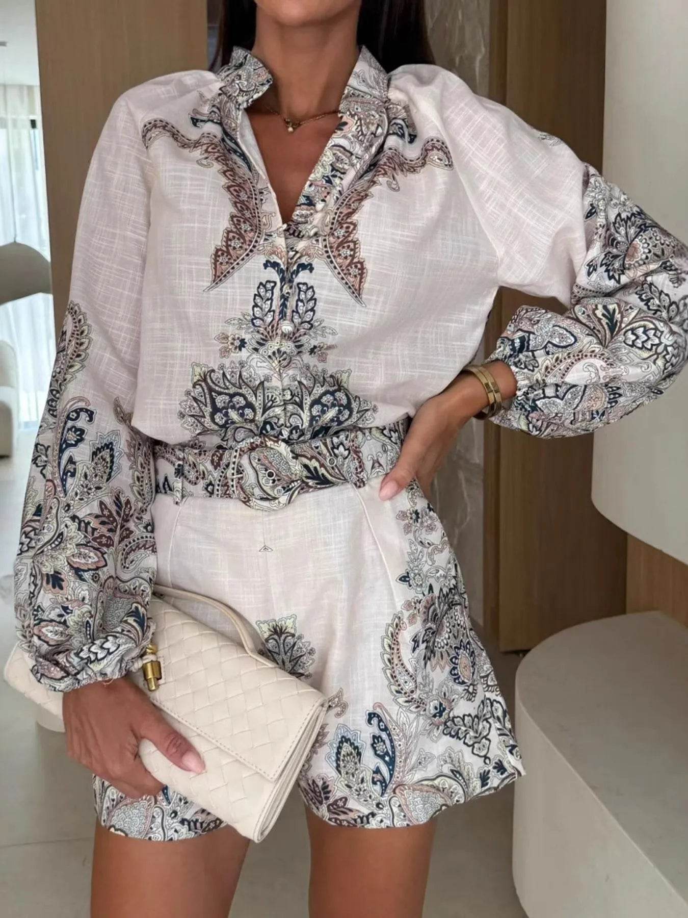Printed Long Sleeve Shirt and Shorts Set - Tredona LLC