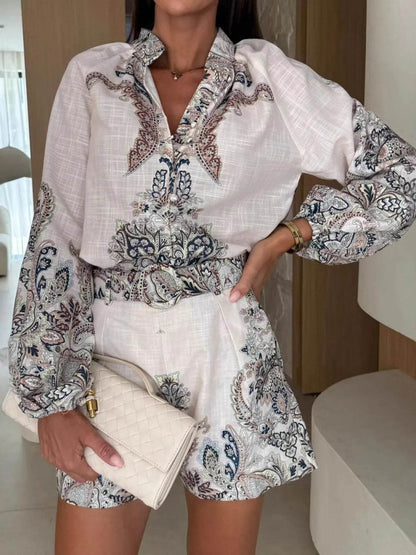Printed Long Sleeve Shirt and Shorts Set - Tredona LLC
