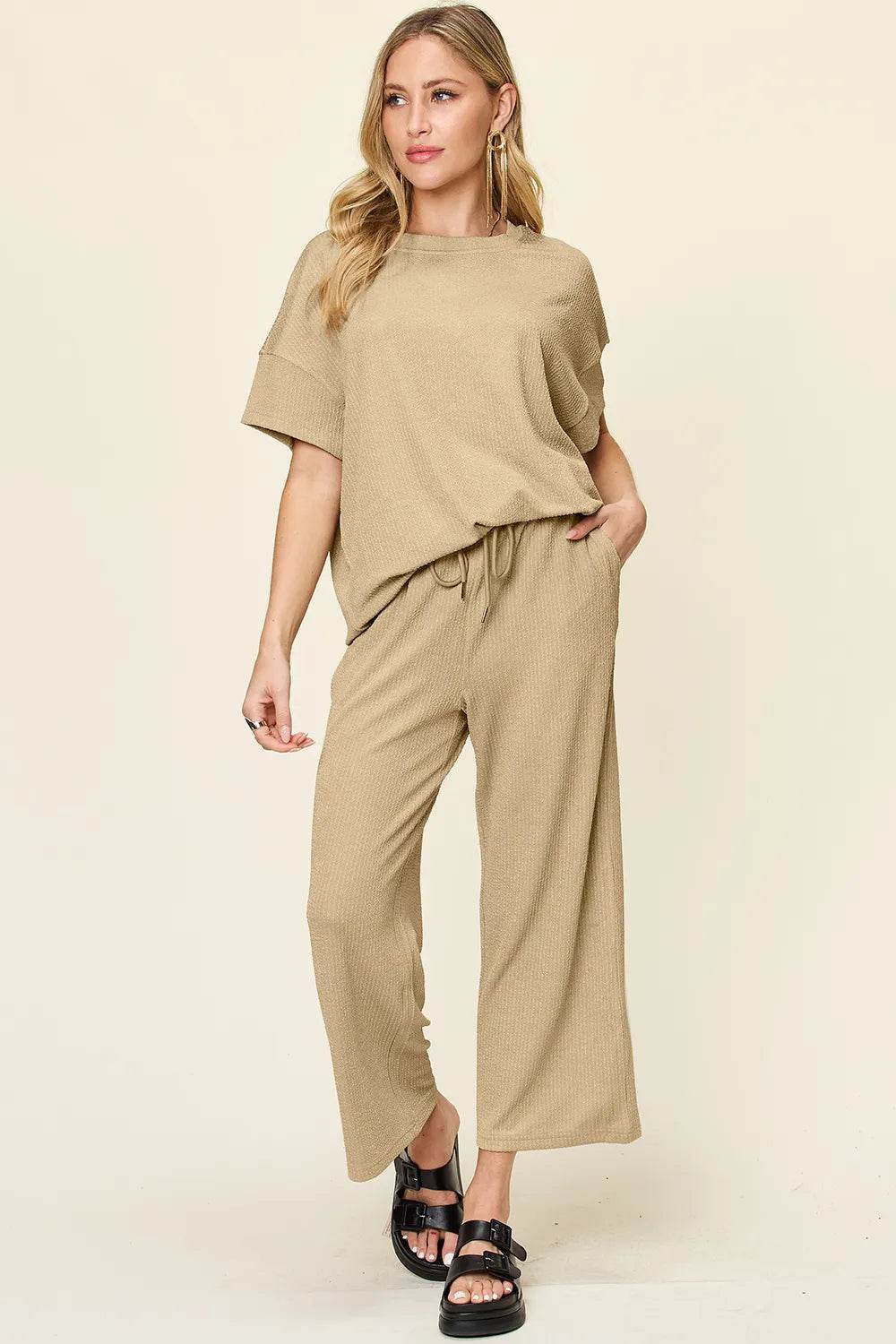 Double Take Full Size Texture Round Neck Short Sleeve T-Shirt and Wide Leg Pants - Tredona LLC
