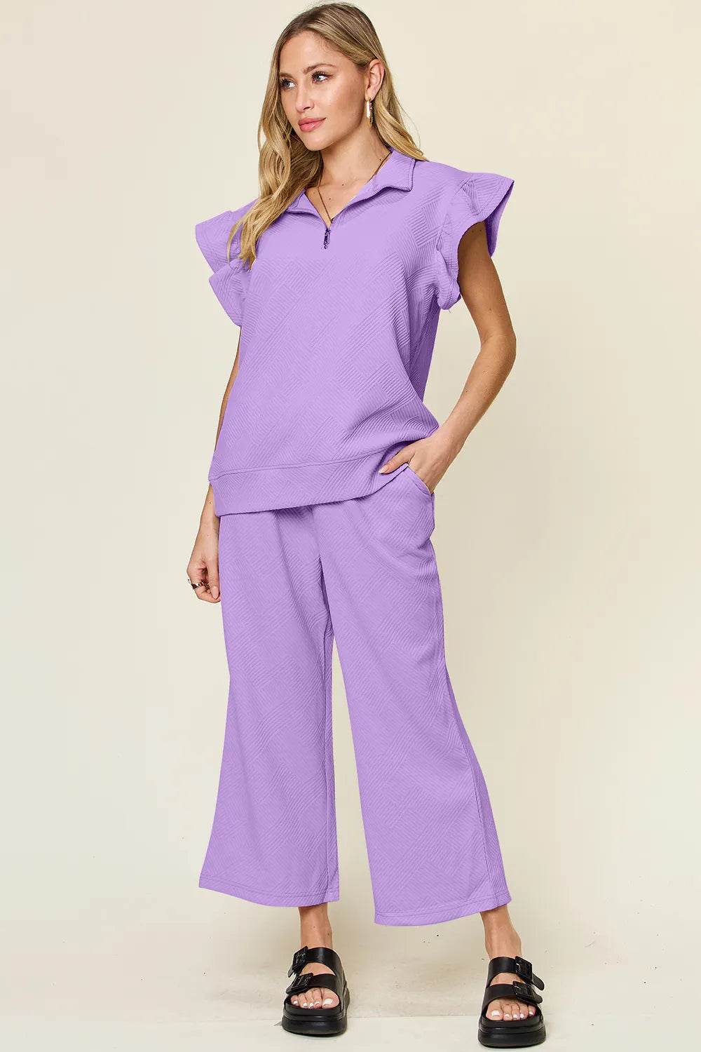 Double Take Texture Ruffle Short Sleeve Top and Drawstring Wide Leg Pants Set - Tredona LLC