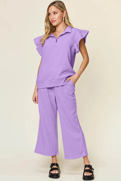 Double Take Texture Ruffle Short Sleeve Top and Drawstring Wide Leg Pants Set - Tredona LLC