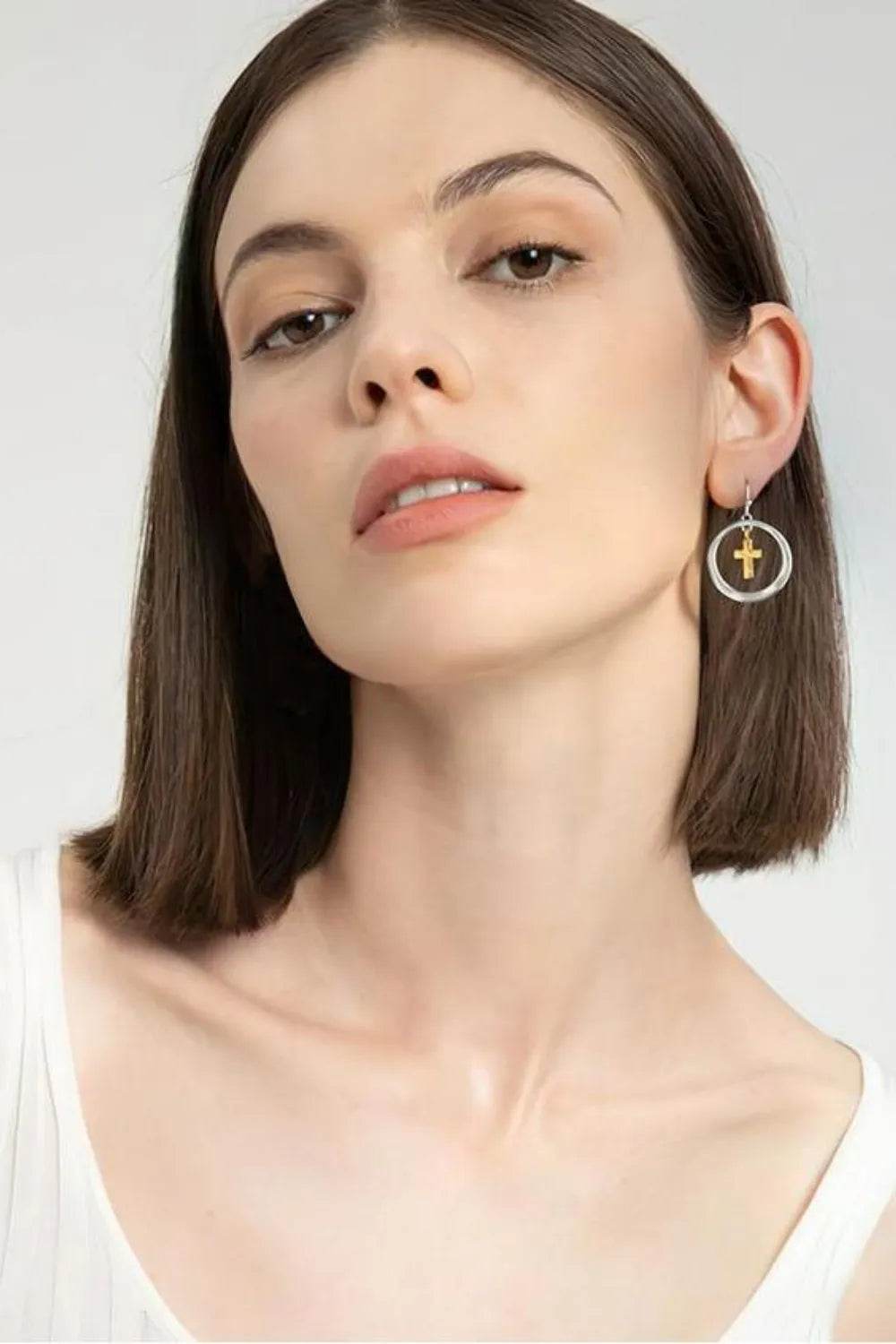 Brass Contrast Cross Dangle Earrings - Tredona LLC