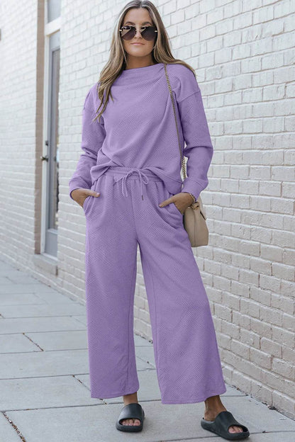 Double Take Full Size Textured Long Sleeve Top and Drawstring Pants Set - Tredona LLC