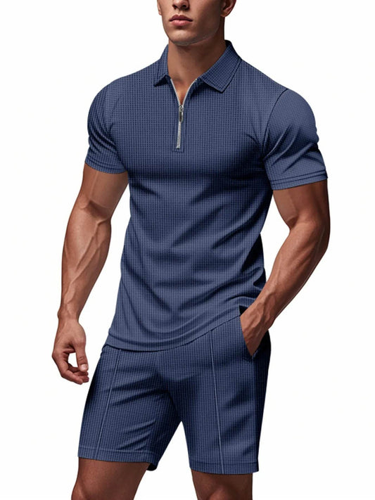 Men's Plus Size Quarter Zip Short Sleeve Top and Shorts Set - Tredona LLC