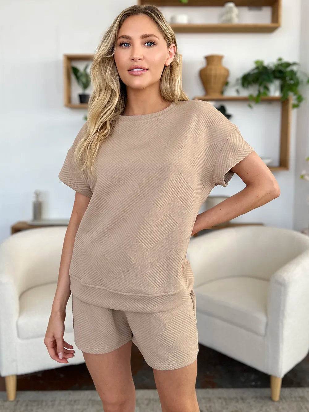 Double Take Full Size Texture Short Sleeve T-Shirt and Drawstring Shorts Set - Tredona LLC