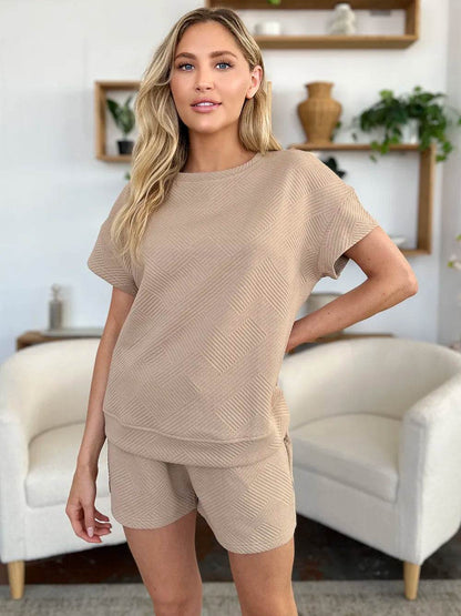 Double Take Full Size Texture Short Sleeve T-Shirt and Drawstring Shorts Set - Tredona LLC