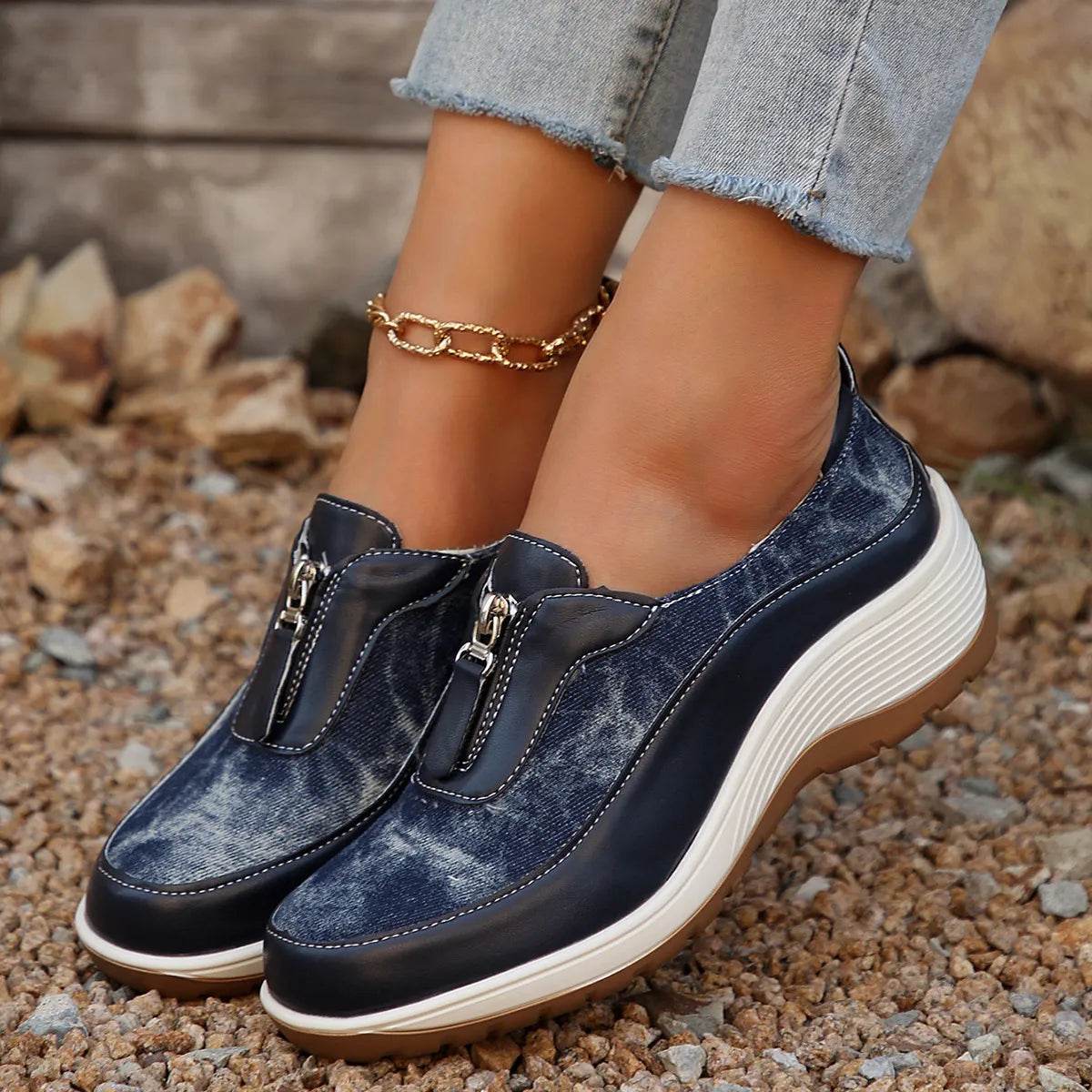 Round Toe Platform Wedge Sneakers with Zip - Tredona LLC