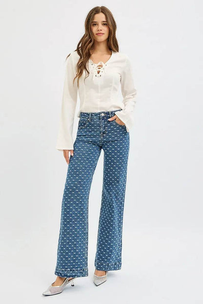 RISEN High Rise Wide Leg Bow Embroidered Jeans - Tredona LLC