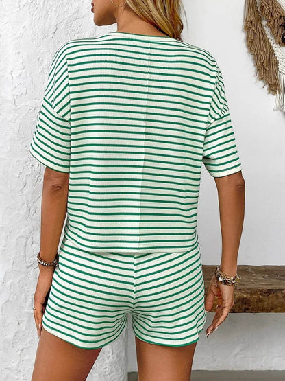 Striped Round Neck Short Sleeve Top and Shorts Set - Tredona LLC