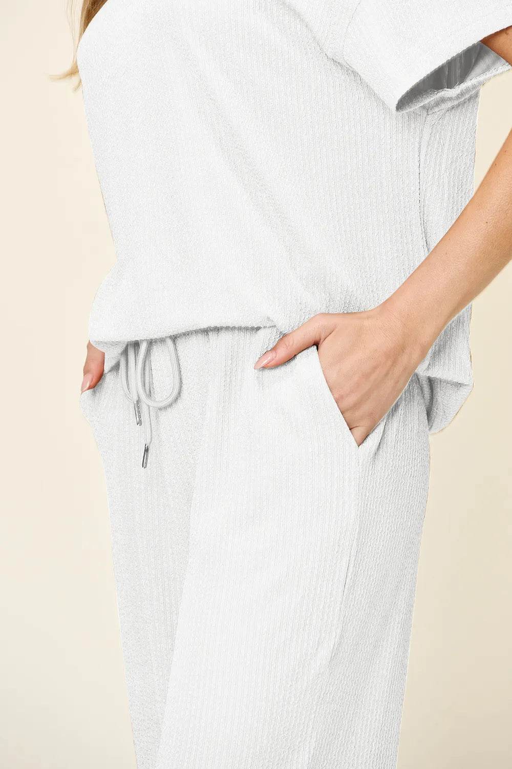 Double Take Full Size Texture Round Neck Short Sleeve T-Shirt and Wide Leg Pants - Tredona LLC