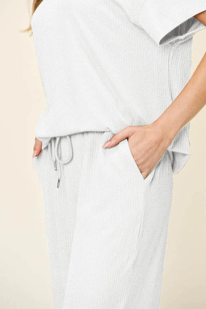 Double Take Full Size Texture Round Neck Short Sleeve T-Shirt and Wide Leg Pants - Tredona LLC