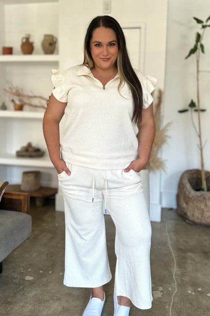 Double Take Full Size Texture Ruffle Short Sleeve Top and Wide Leg Pants Set - Tredona LLC