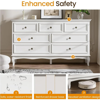 RoyalCraft White 7 Drawer Dresser for Bedroom, Modern Chest of Drawers with Solid Wood Legs and Painted Finish, Wooden Storage C