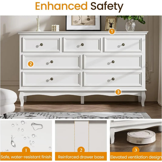 RoyalCraft White 7 Drawer Dresser for Bedroom, Modern Chest of Drawers with Solid Wood Legs and Painted Finish, Wooden Storage C