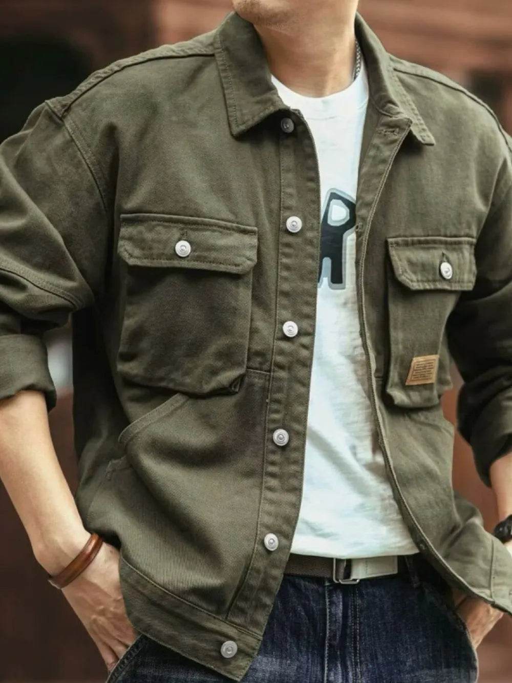 Men's Washed Collared Neck Cargo Jacket - Tredona LLC