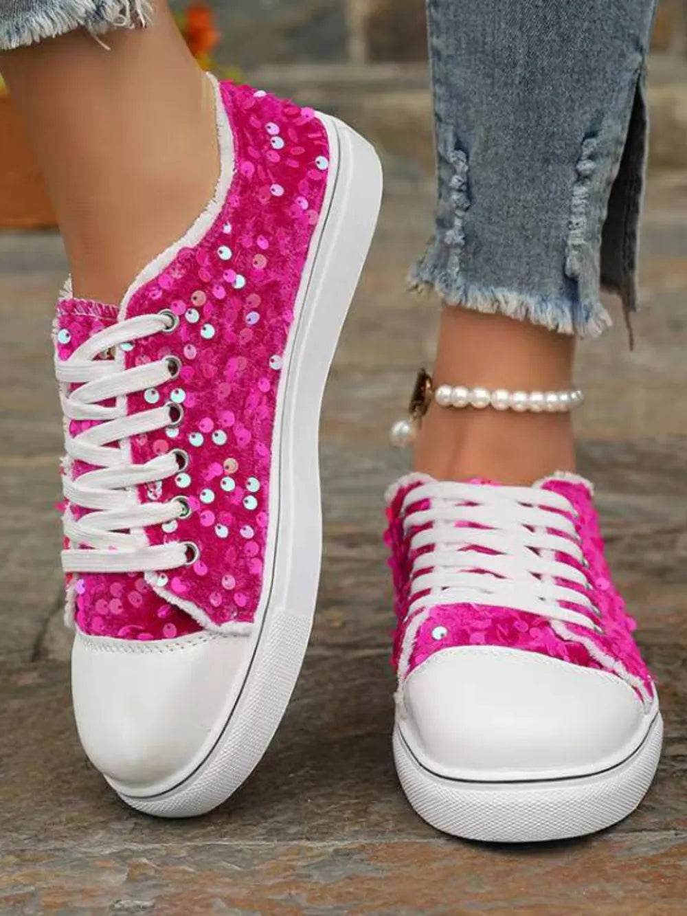 Sequin Round Toe Flat Sneakers - Tredona LLC