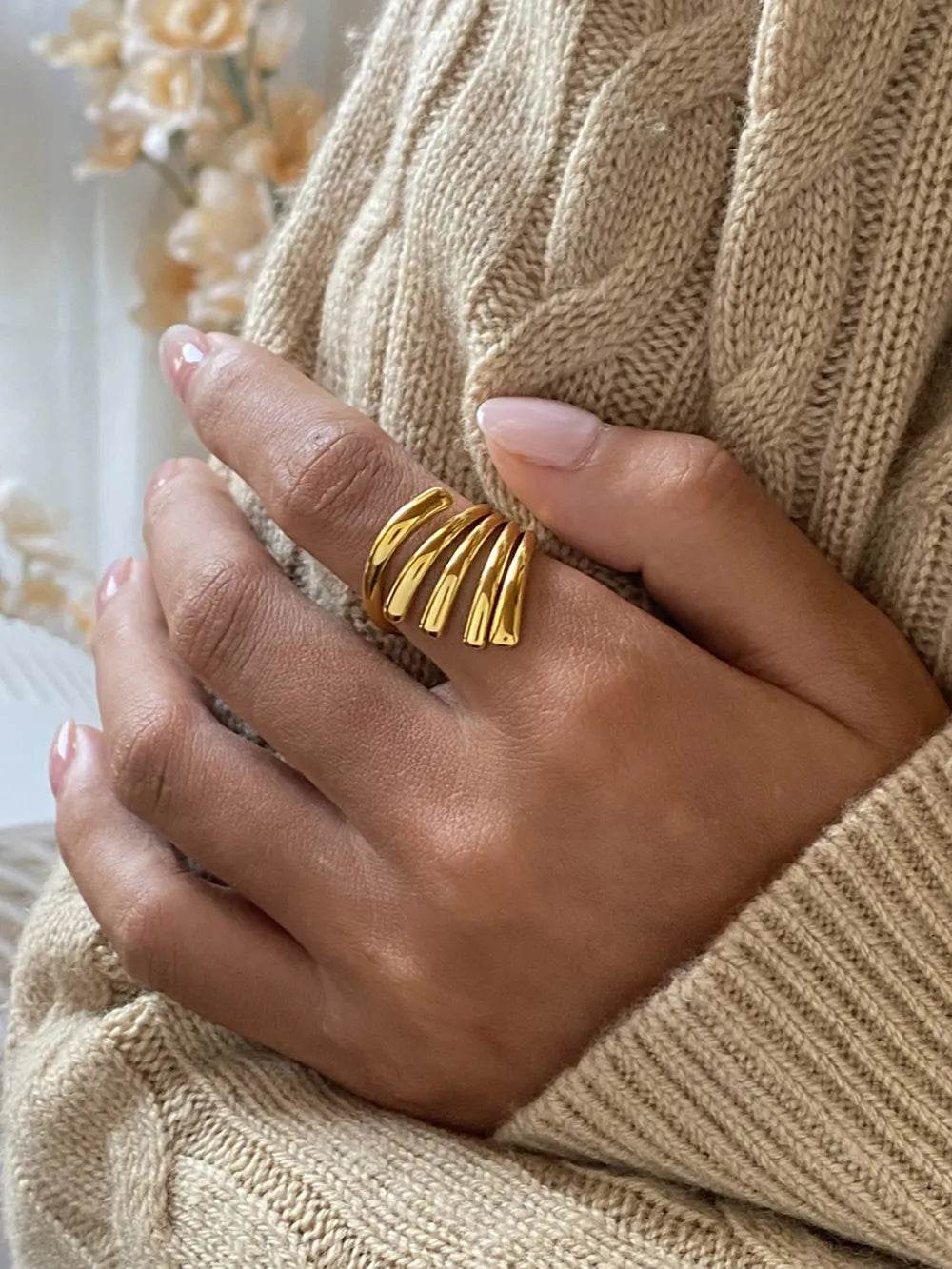 18K Gold-Plated Stainless Steel Irregular Lines Open Ring - Tredona LLC