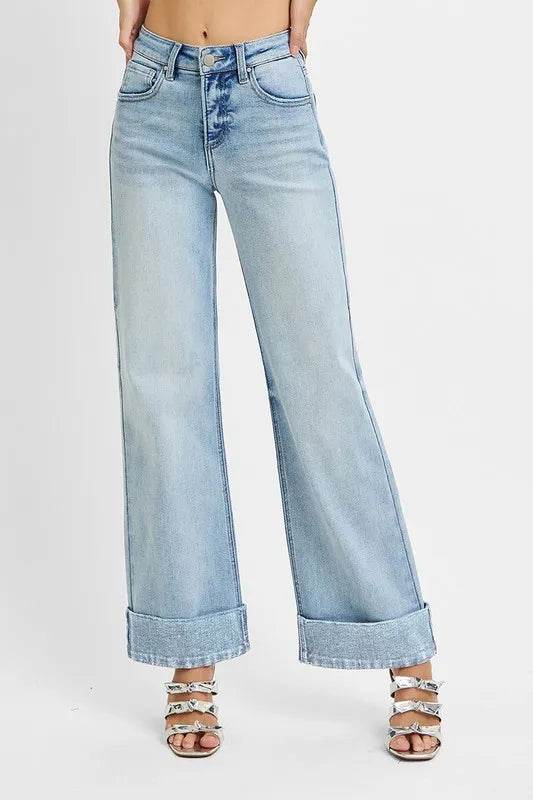 RISEN Full Size Tummy Control High Rise Ankle Wide Cuffed Jeans Plus Size - Tredona LLC