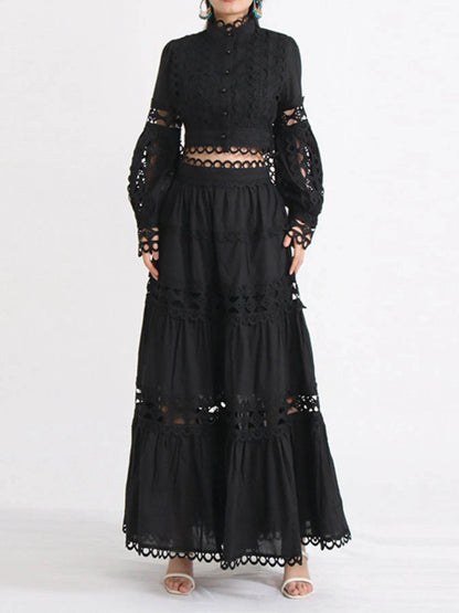 Lace Button Up Long Sleeve Top and Skirt Set - Tredona LLC
