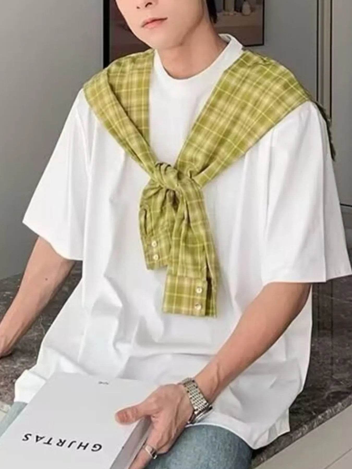 Men's Full Size Oversized T-Shirt with Plaid Shawl Plus Size - Tredona LLC