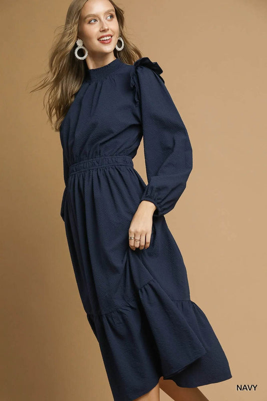 Umgee Textured Midi Dress with Ruffle Shoulder Detail - Tredona LLC