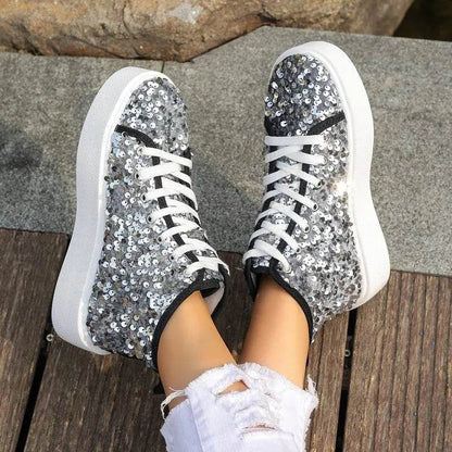 Sequin Round Toe Platform Sneakers - Tredona LLC